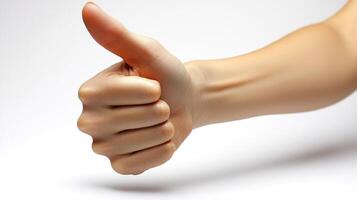 A hand with a thumbs-up expresses support and positivity against a clean backdrop photo