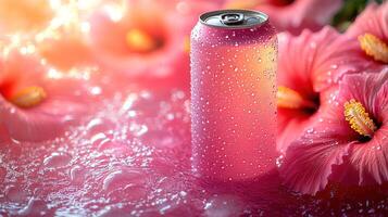 A colorful soda can surrounded by lush hibiscus blooms glows in the afternoon light photo