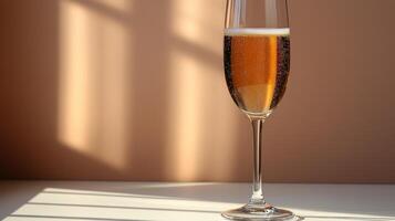 A sparkling drink fills a delicate glass, catching the light in a serene setting photo