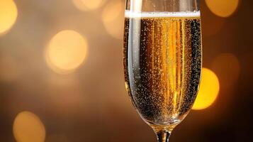 Bubbles rise in a flute of champagne, shimmering against soft golden lights photo