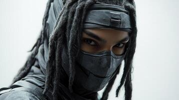A mysterious figure prepares for an intense battle, embodying stealth and power photo