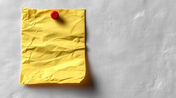 A bright yellow note clings, creased, on a soft gray backdrop under gentle lighting photo