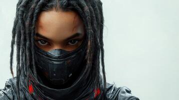 A captivating character exudes strength and resilience with a fierce expression photo