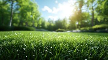 Morning sunlight illuminates vibrant green grass in a serene park setting photo