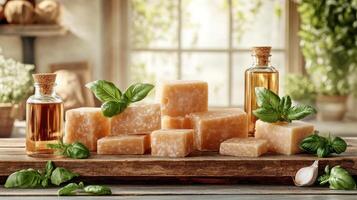 Handcrafted soap blocks and fragrant oils set amidst fresh basil in a cozy workshop photo