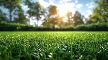 Sunlight breaks through trees, illuminating vibrant grass in a tranquil outdoor area photo