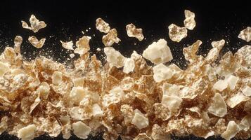 Caramel popcorn bursts through the air, creating a playful and dynamic display photo