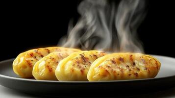 Delicious golden dumplings emit steam in a cozy, inviting setting, ready to enjoy photo