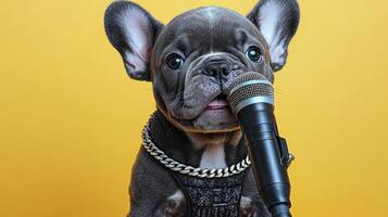 This adorable French Bulldog captures attention while singing into a microphone photo