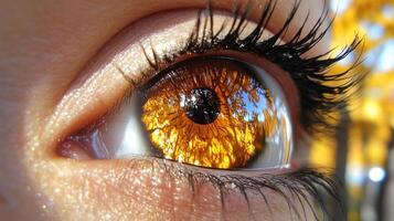 A mesmerizing eye mirrors golden foliage in a serene outdoor setting photo