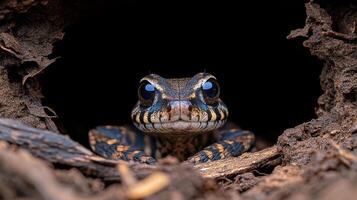 The frog gazes intently from its hidden spot in the ground photo