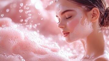 Enjoying a tranquil bubble bath, her face relaxed, surrounded by soft pink foam photo