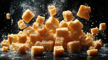 Chunks of cheese scatter dramatically, creating a deliciously chaotic moment of texture photo