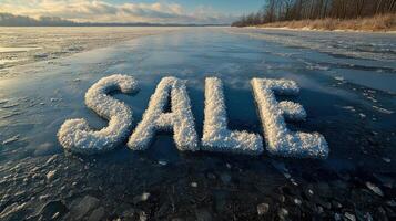 A frozen lake showcases an art display made of ice in a peaceful winter scene photo