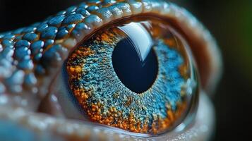 A close-up view reveals the vivid colors and textures of a reptile's eye, mesmerizing all photo