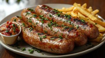 Three juicy sausages garnished with herbs alongside golden fries and zesty salsa photo