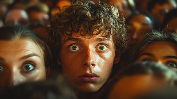 A young person stands out with wide eyes, surrounded by an anxious crowd at twilight photo