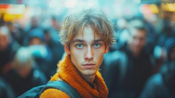 A solitary figure captures attention amidst a blur of rushing people in the city photo