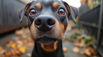 A playful dog investigates colorful fallen leaves in a tranquil setting photo