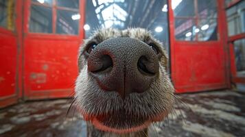 A dog with a big nose playfully explores an industrial space filled with character photo