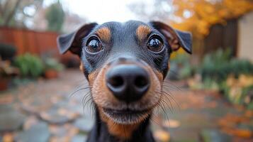 A playful dog with expressive eyes explores the garden surrounded by autumn leaves photo