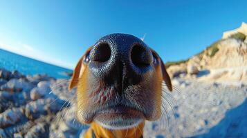 A playful dog investigates rocks by the sparkling water under clear skies photo