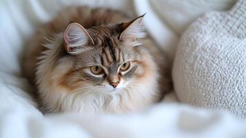 A serene cat relaxes on a soft blanket, enjoying the warm afternoon light photo
