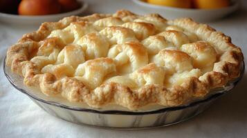 Delicious apple pie with a flaky crust cooling in a cozy kitchen setting photo