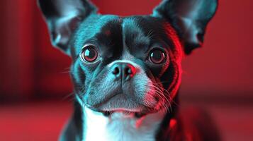 A playful dog captivates with its expressive eyes and contrasting fur colors photo