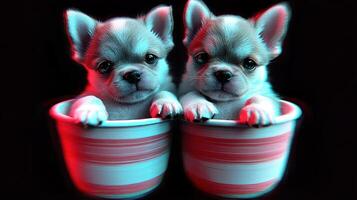 Two playful chihuahuas curiously gaze from their vibrant bowls, creating a joyful moment photo
