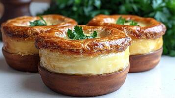 Savory pot pies, warm and inviting, topped with herbs and perfect for sharing photo