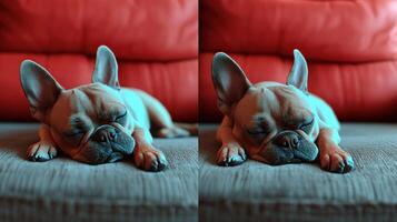 A sleepy French Bulldog snoozes peacefully on a soft couch, enjoying the afternoon light photo