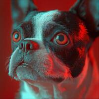 A curious Boston terrier showcases its unique features against a colorful backdrop photo