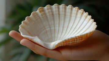 A hand gently holds a stunning seashell, showcasing its intricate patterns and textures photo