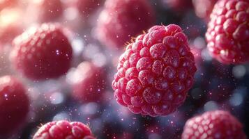 Delicious raspberries float in a dreamy cosmic setting, sparkling under soft light photo