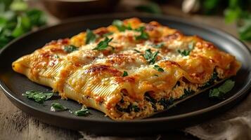 Warm, cheesy spinach and ricotta stuffed shells come alive with fresh herbs photo