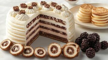 A layered chocolate cake with rich frosting, cookies, and berries photo