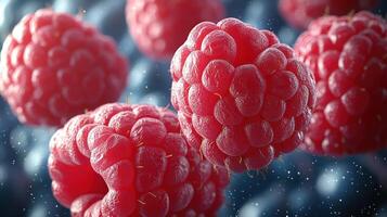 Fresh, plump raspberries shimmer with moisture, offering a burst of color and texture photo
