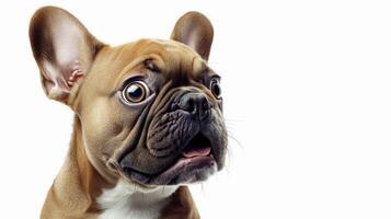 A cute French Bulldog looks surprised, capturing the whimsy of a playful moment photo