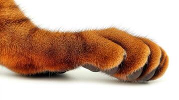 A fluffy orange cat paw rests softly on a bright white surface, radiating warmth photo
