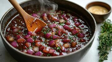Steam rises from a rich onion soup filled with vibrant ingredients, inviting warmth photo