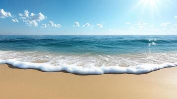 Waves softly lap against the shore as the sun shines brightly overhead photo