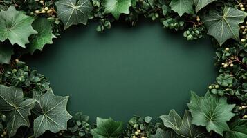 A vibrant collection of green foliage frames a deep green surface, perfect for design photo