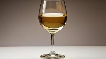 A delicate glass holds golden wine, reflecting light in a serene setting photo