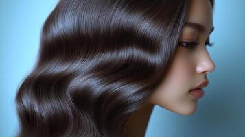 Silky waves cascade gently while emphasizing a delicate facial profile in soft tones photo