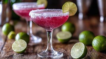 Two colorful margaritas with lime slices are ready to be enjoyed on a wooden table photo