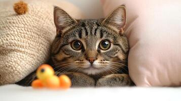 A tabby cat watches intently as a rubber duck rests nearby, surrounded by pillows photo