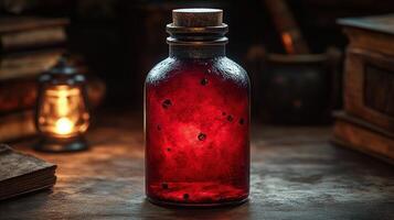 An enchanting red liquid captivates attention in a rustic, atmospheric setting photo