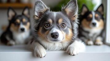 The playful corgi dogs enjoy a quiet moment, resting together with curious expressions photo