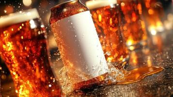 A frosty beverage can bursts, sending droplets flying around surrounded by glasses photo